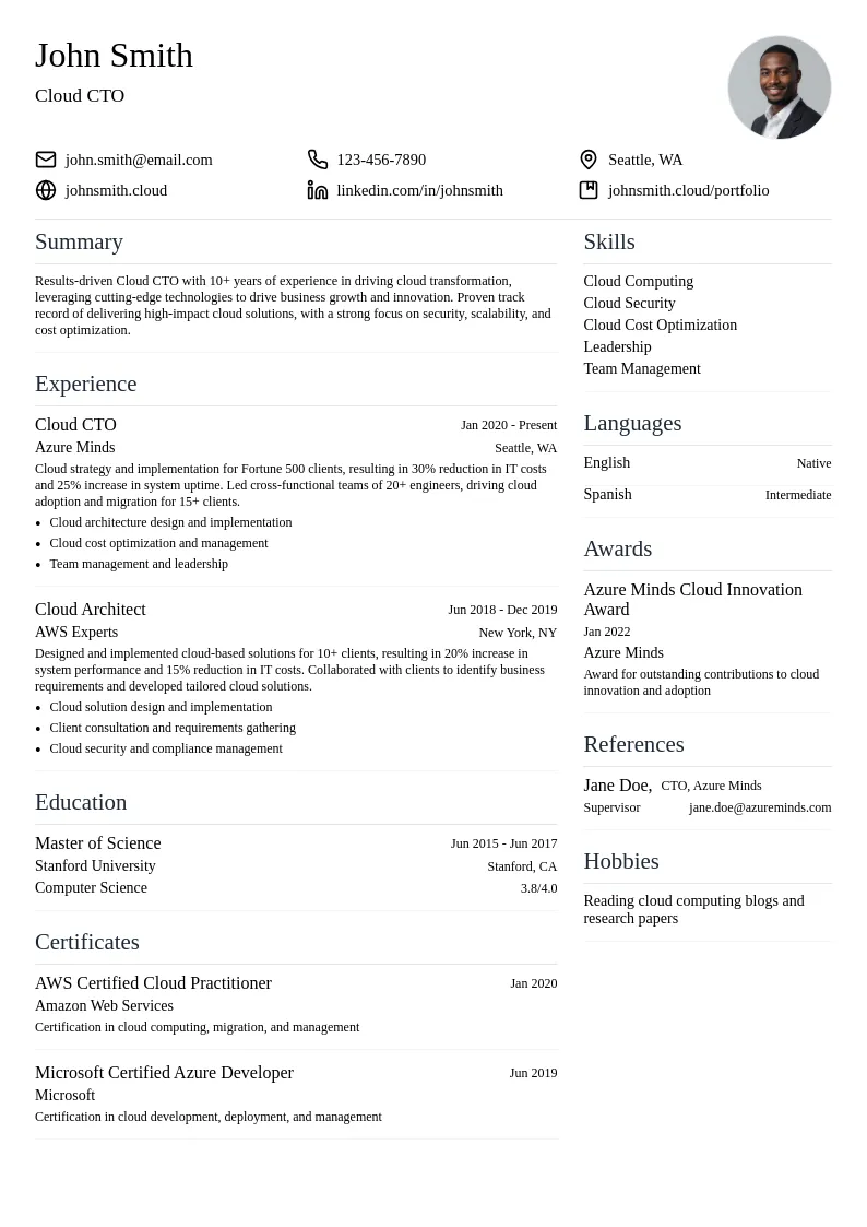 Cloud CTO resume example