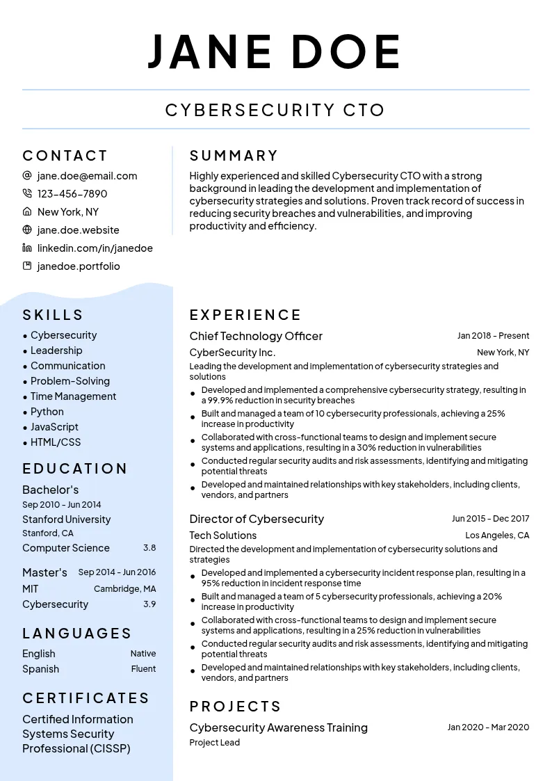 Cybersecurity CTO resume example