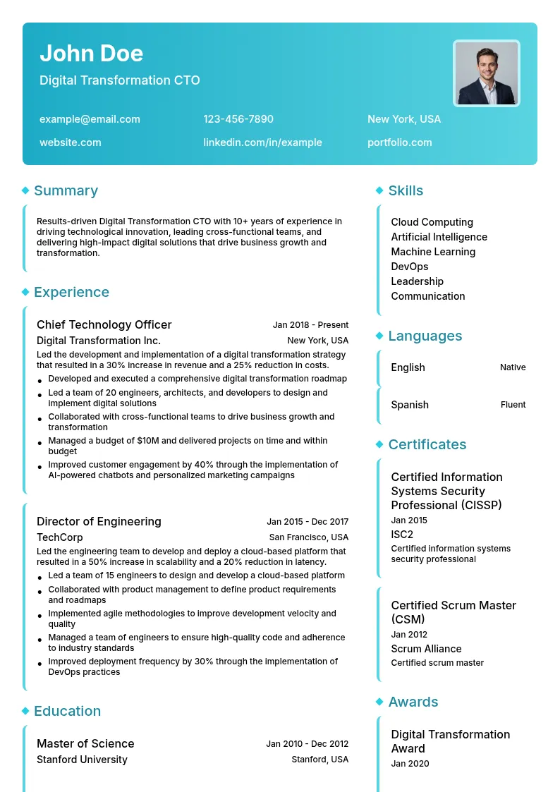Digital Transformation CTO resume example