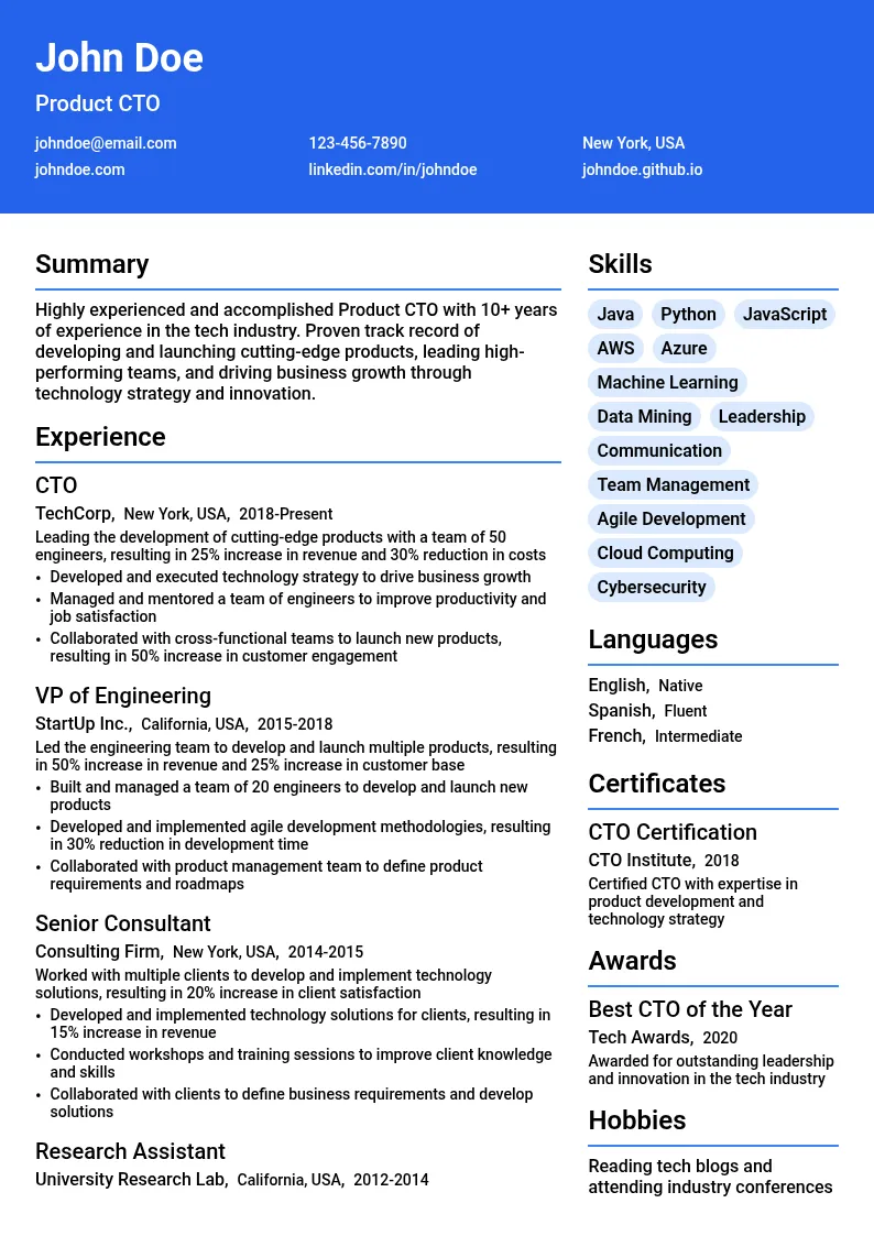 Product CTO resume example