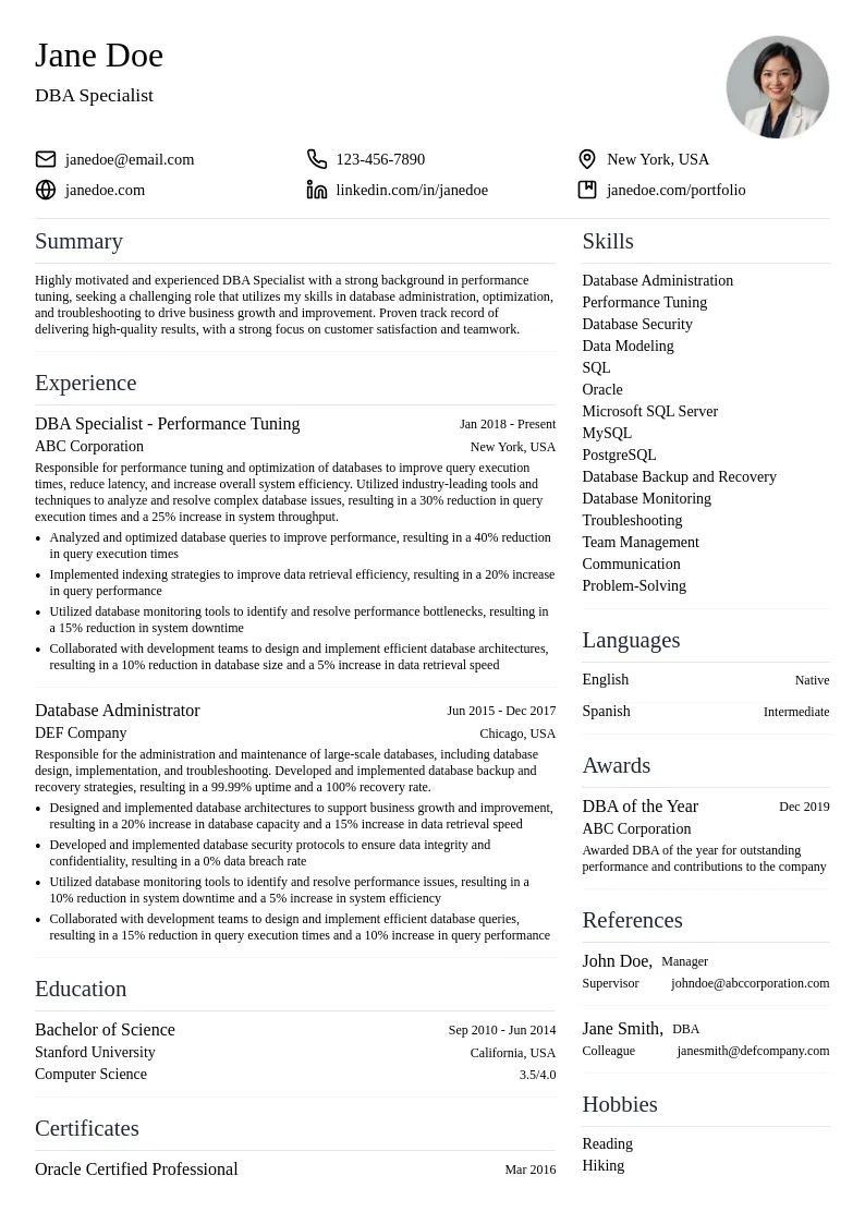 DBA Specialist - Performance Tuning resume example
