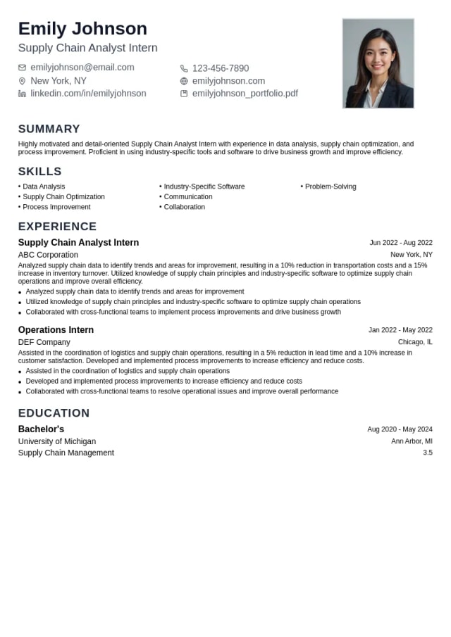 Supply Chain Analyst Intern resume example