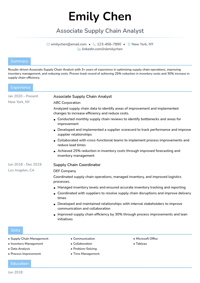 Associate Supply Chain Analyst resume example
