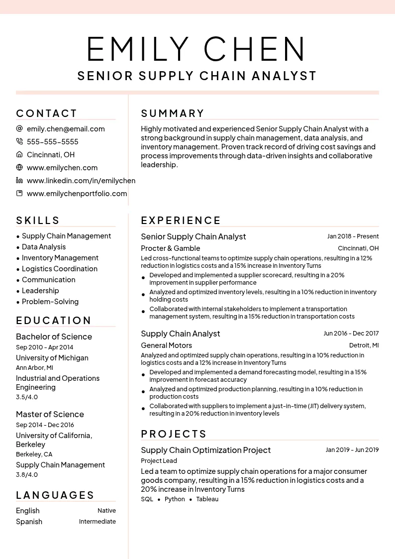Senior Supply Chain Analyst resume example