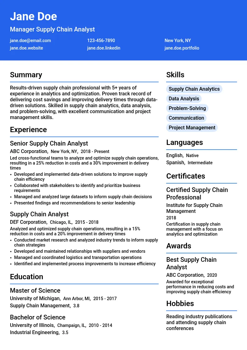 Manager Supply Chain Analyst resume example