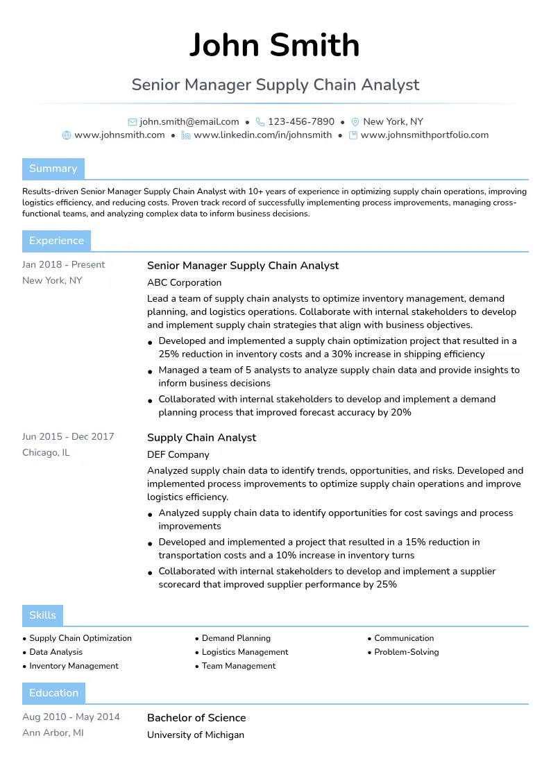 Senior Manager Supply Chain Analyst resume example