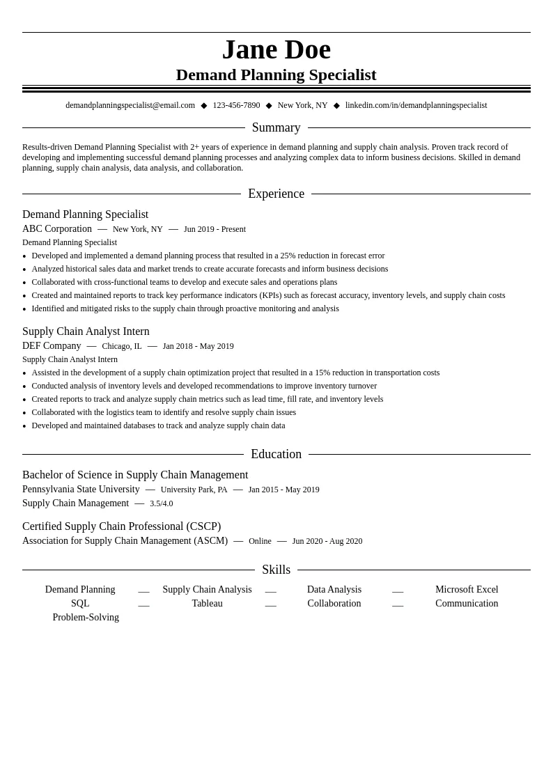 Demand Planning Specialist resume example
