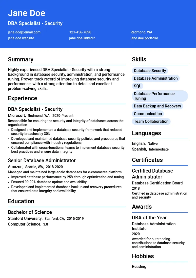 DBA Specialist - Security resume example