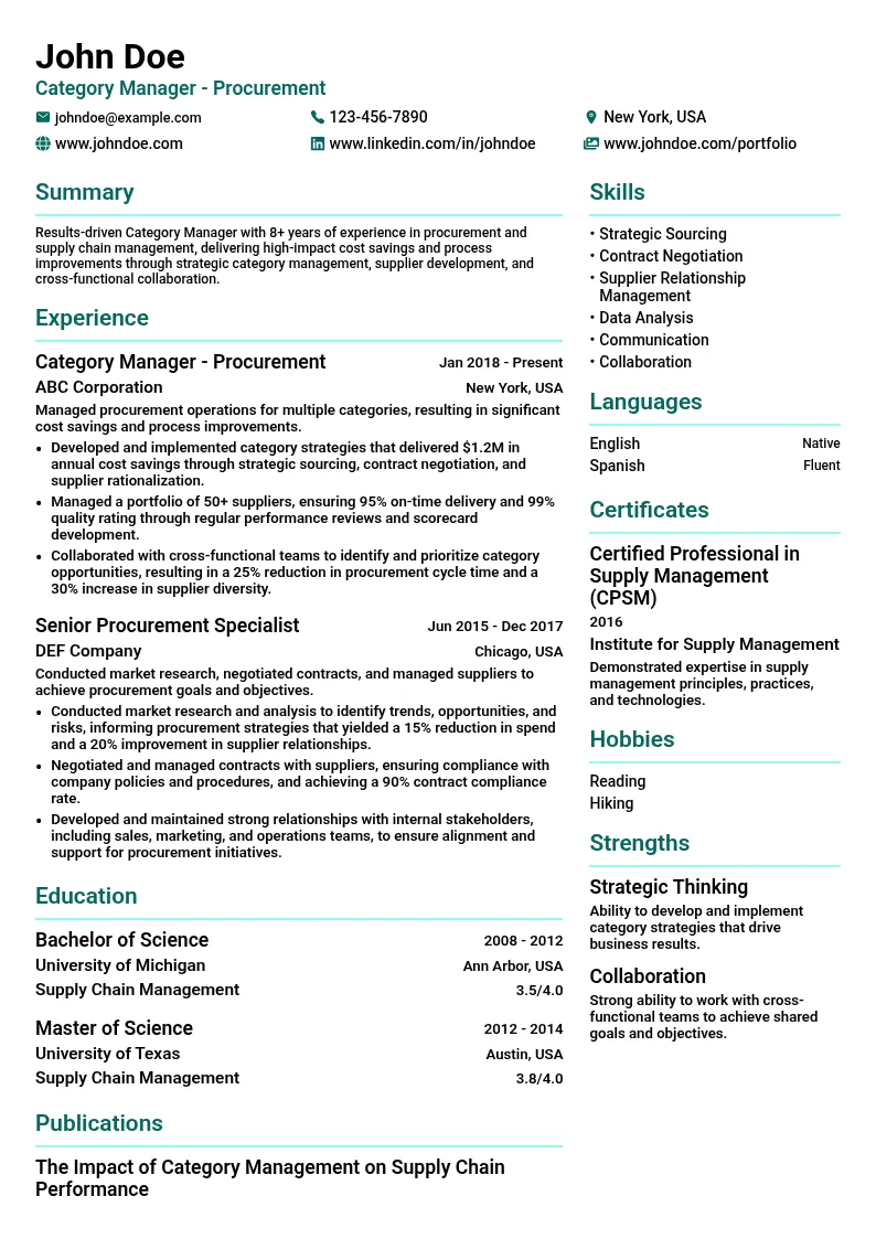 Category Manager - Procurement resume example