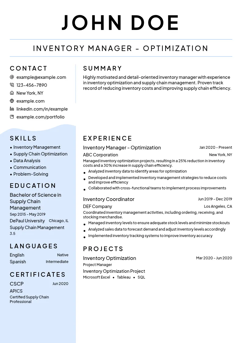 Inventory Manager - Optimization resume example