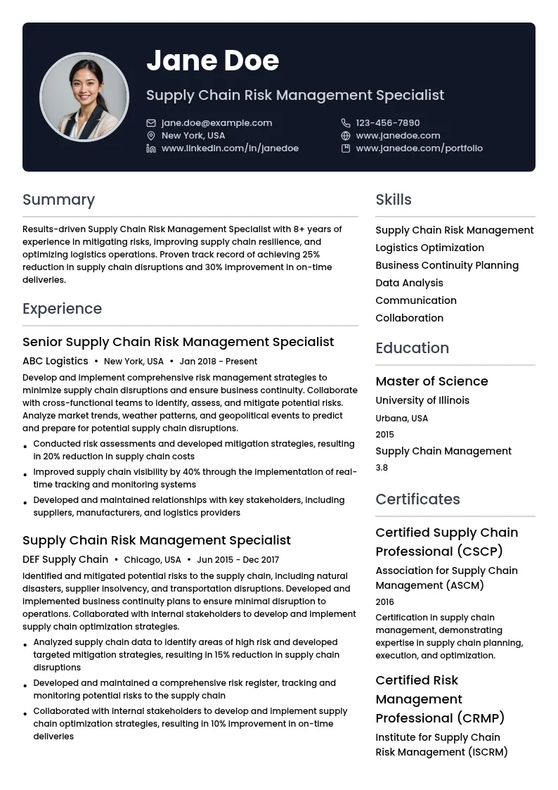 Supply Chain Risk Management Specialist resume example