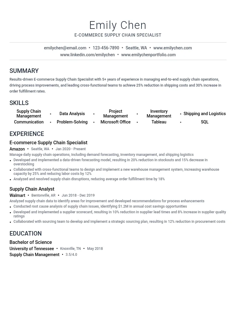 E-commerce Supply Chain Specialist resume example