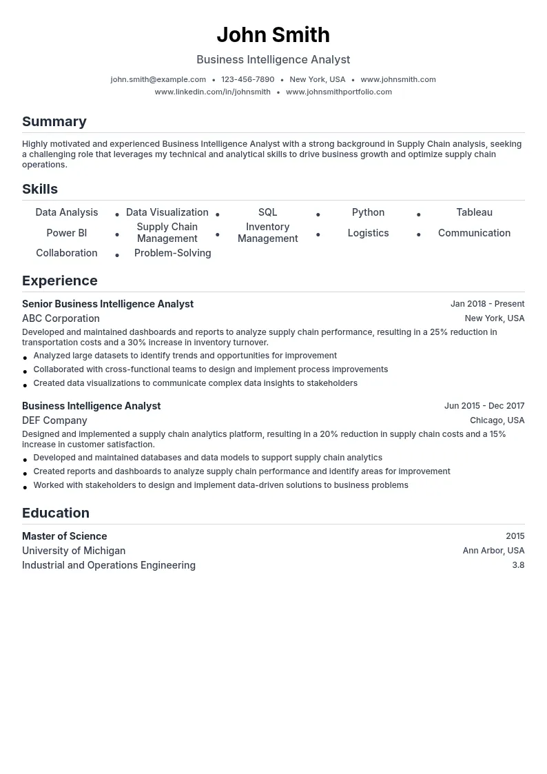 Business Intelligence Analyst - Supply Chain resume example