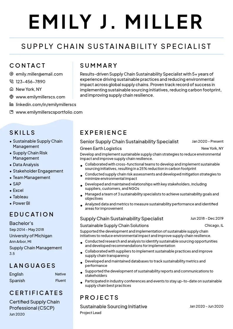 Supply Chain Sustainability Specialist resume example
