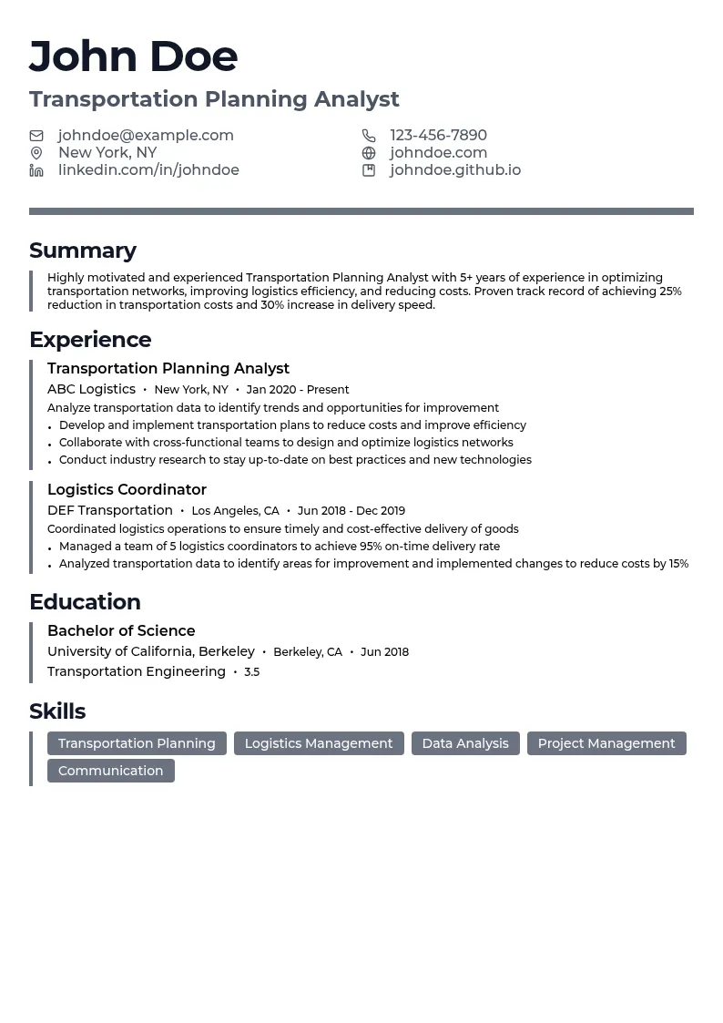 Transportation Planning Analyst resume example