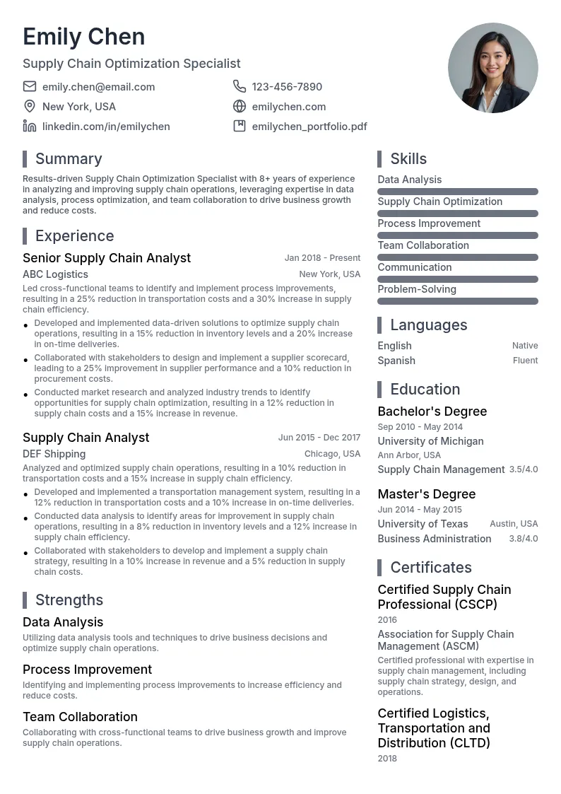 Supply Chain Optimization Specialist resume example