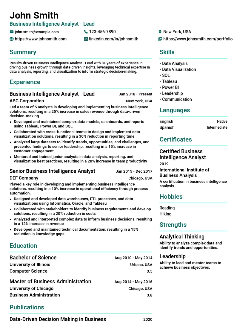 Business Intelligence Analyst - Lead resume example