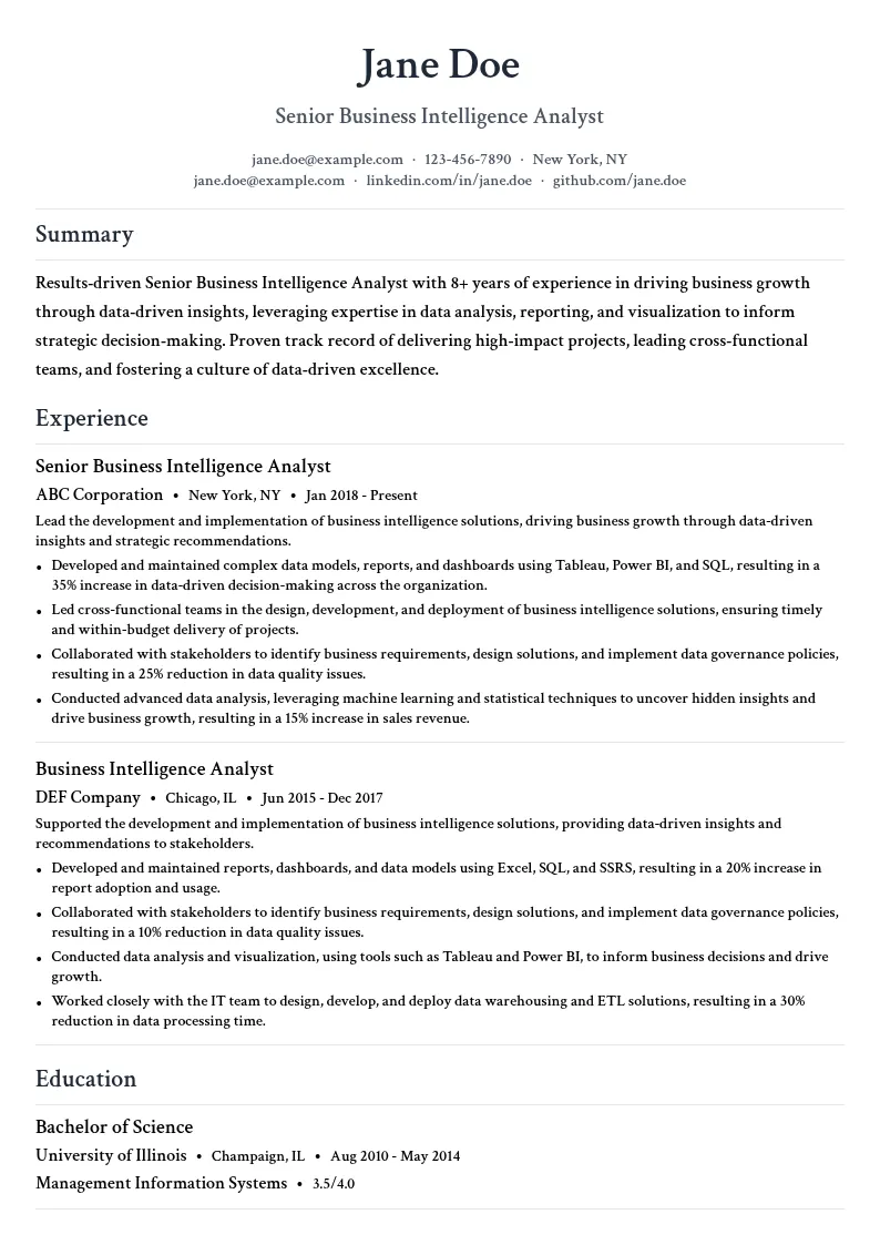 Business Intelligence Analyst - Senior resume example