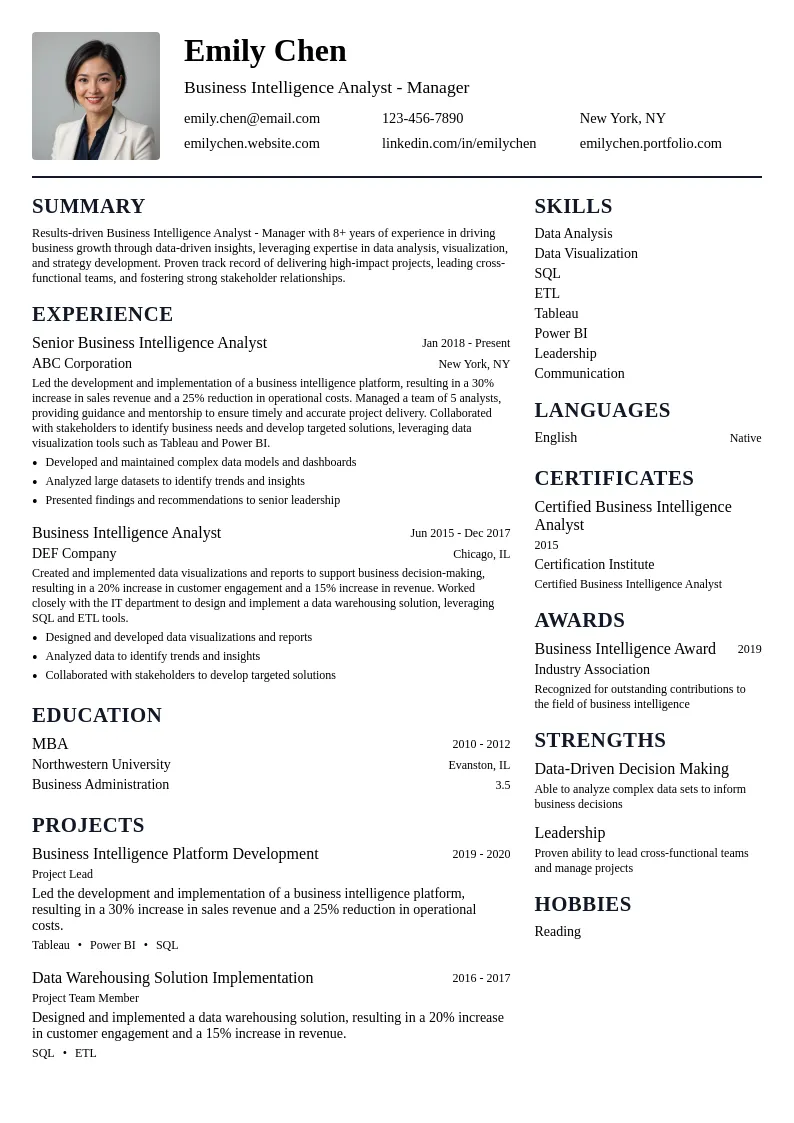 Business Intelligence Analyst - Manager resume example