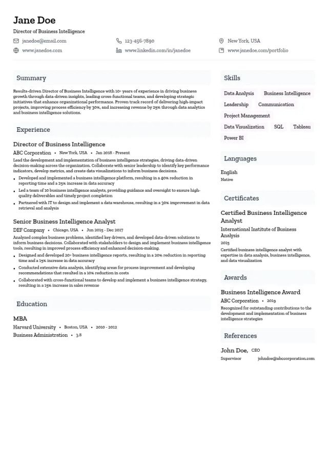 Director of Business Intelligence resume example
