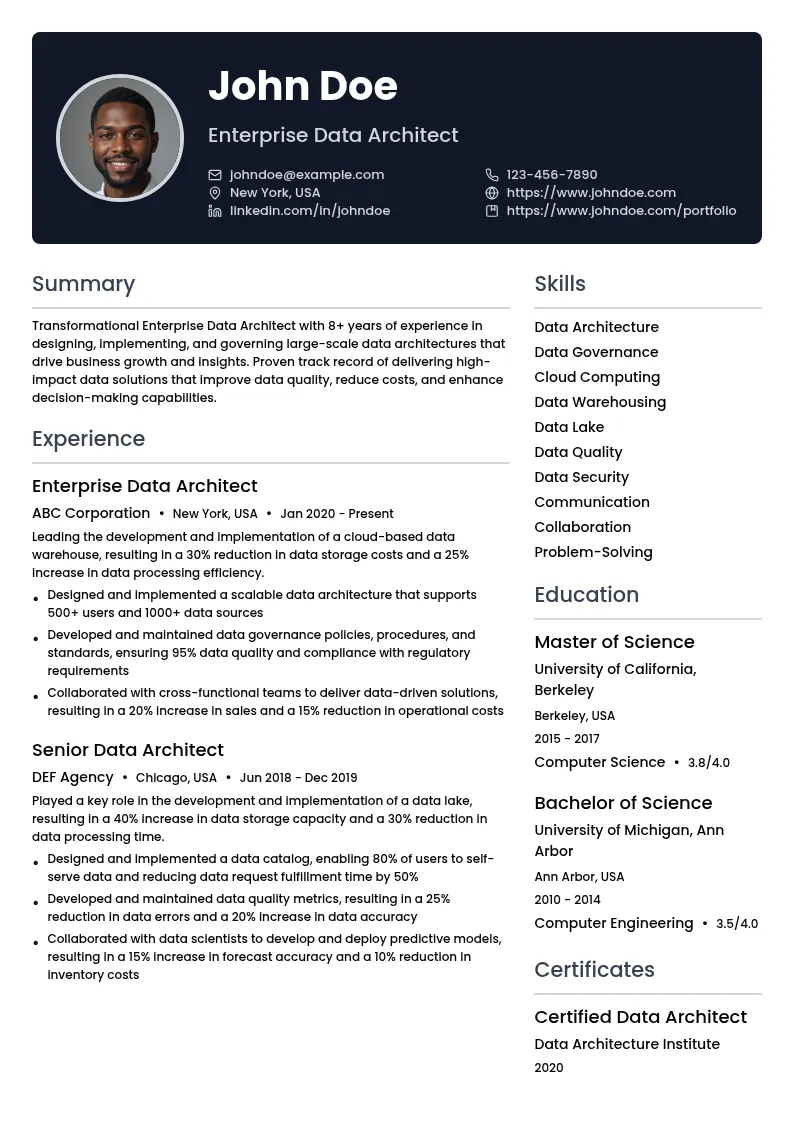 Enterprise Data Architect resume example