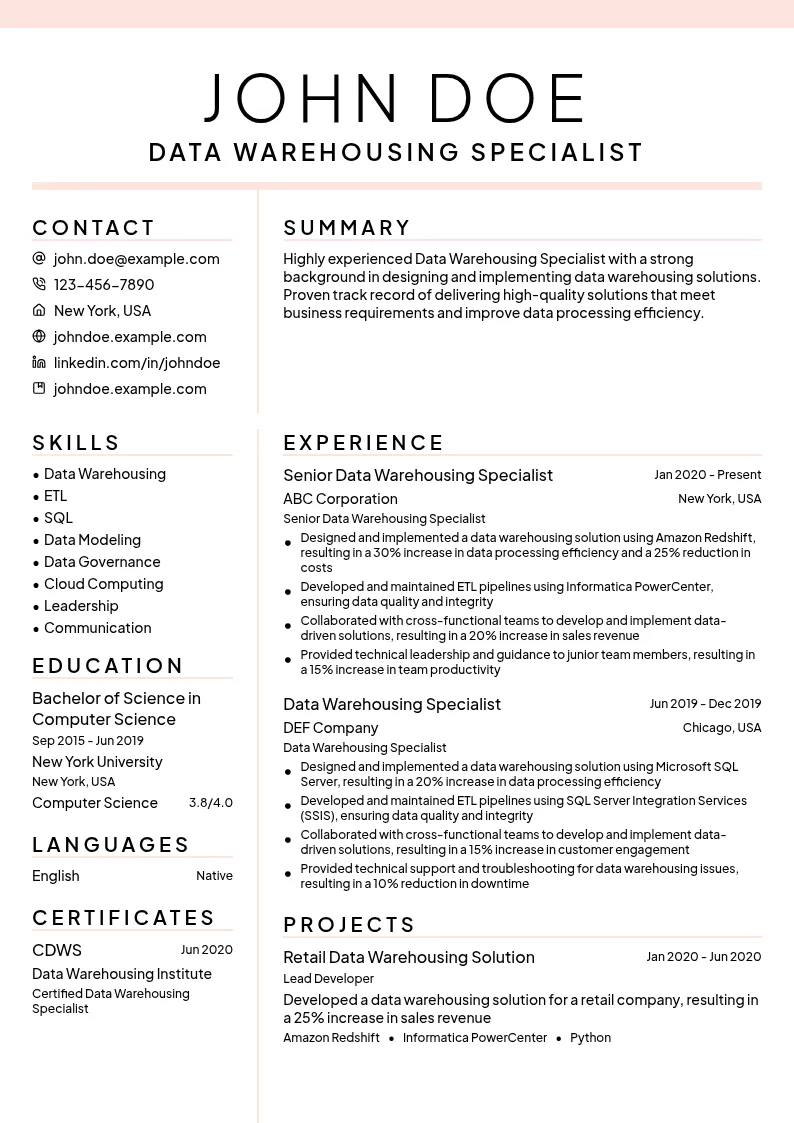 Data Warehousing Specialist resume example