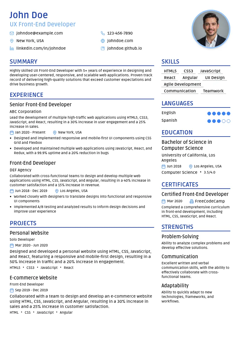 UX Front-End Developer resume example