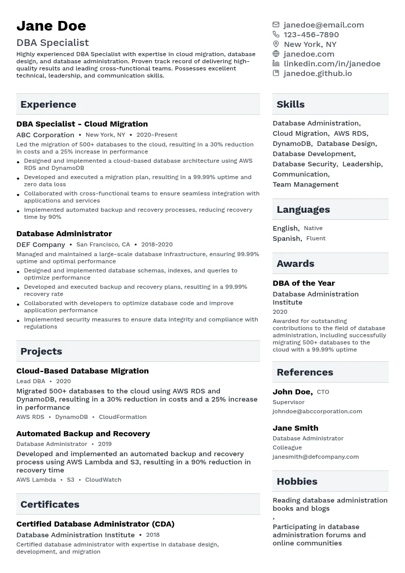 DBA Specialist - Cloud Migration resume example