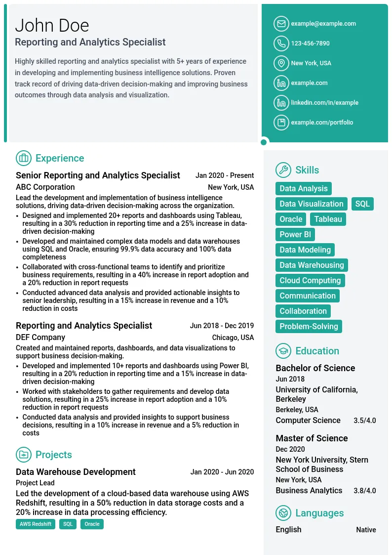 Reporting and Analytics Specialist resume example