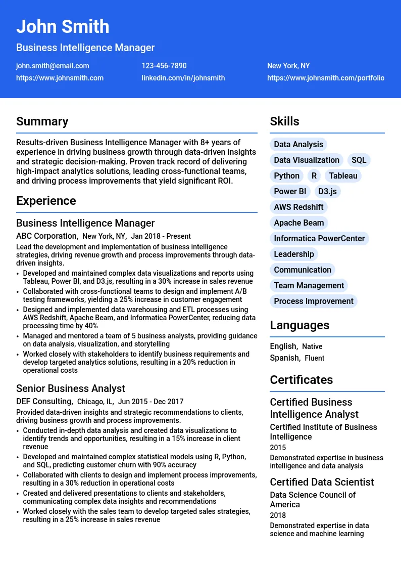 Business Intelligence Manager resume example