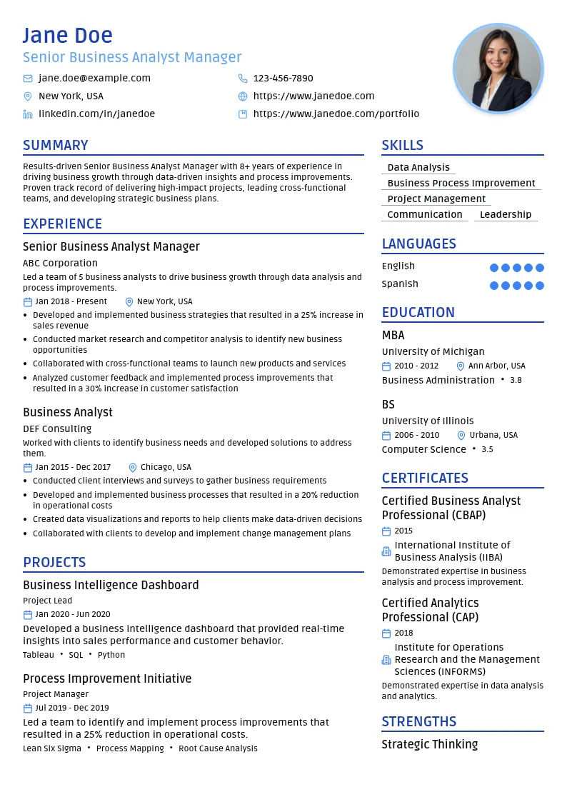 Senior Business Analyst Manager resume example