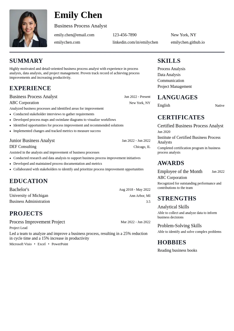 Business Process Analyst resume example
