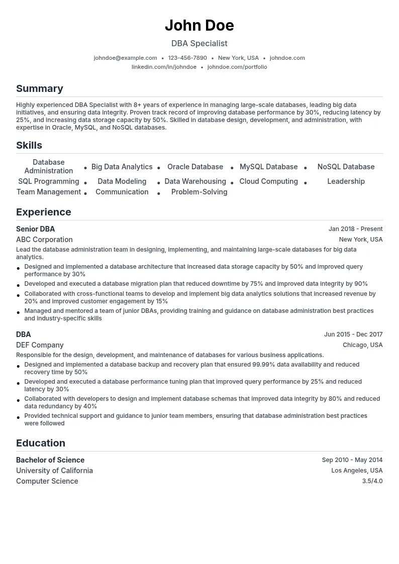 DBA Specialist - Big Data resume example