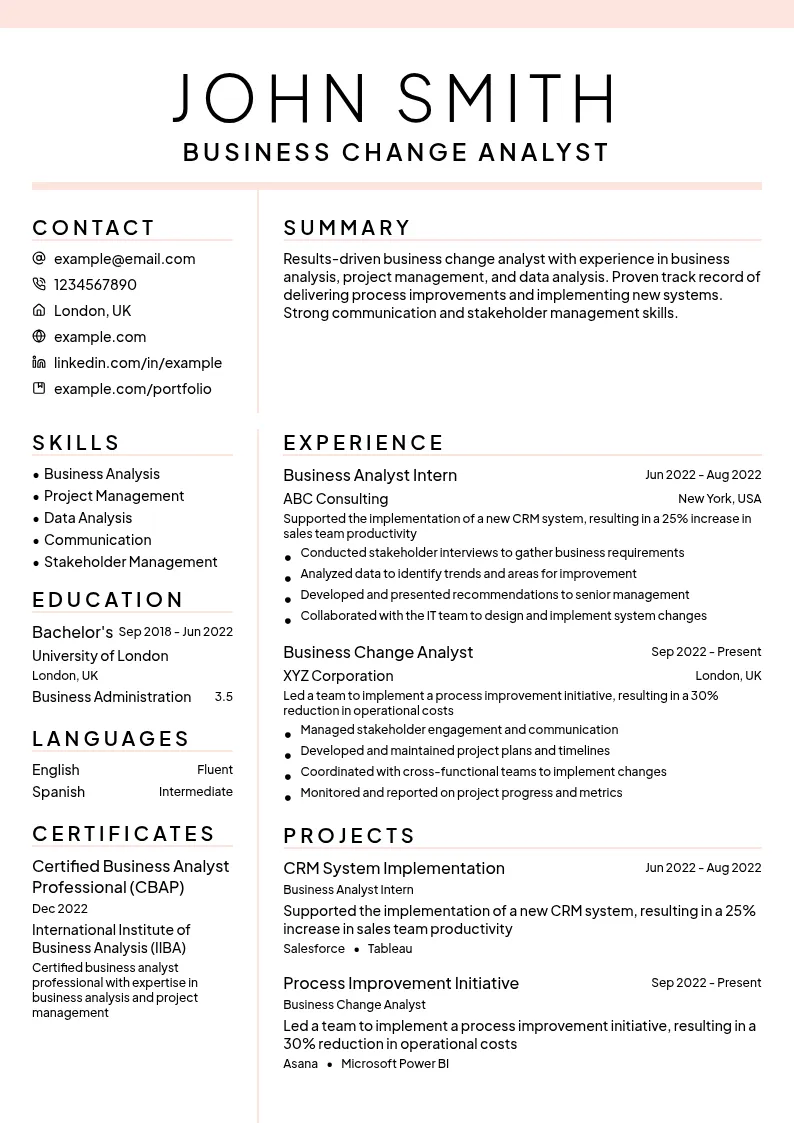 Business Change Analyst resume example