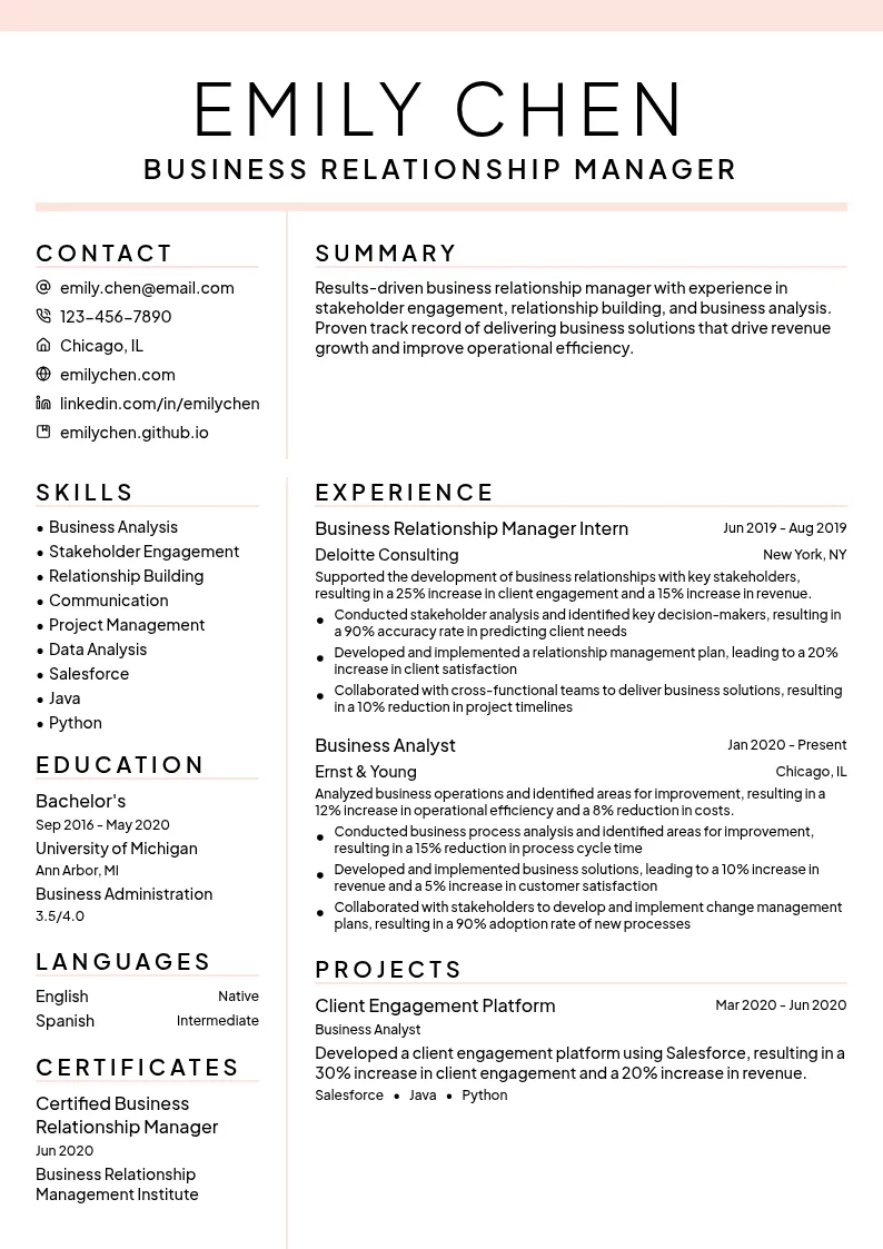 Business Relationship Manager resume example