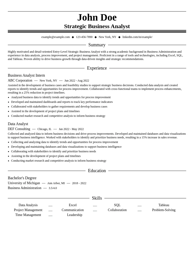 Strategic Business Analyst resume example