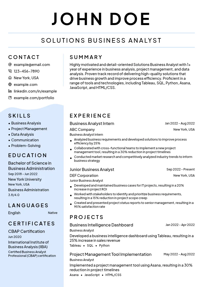 Solutions Business Analyst resume example