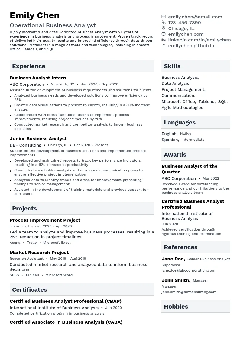 Operational Business Analyst resume example