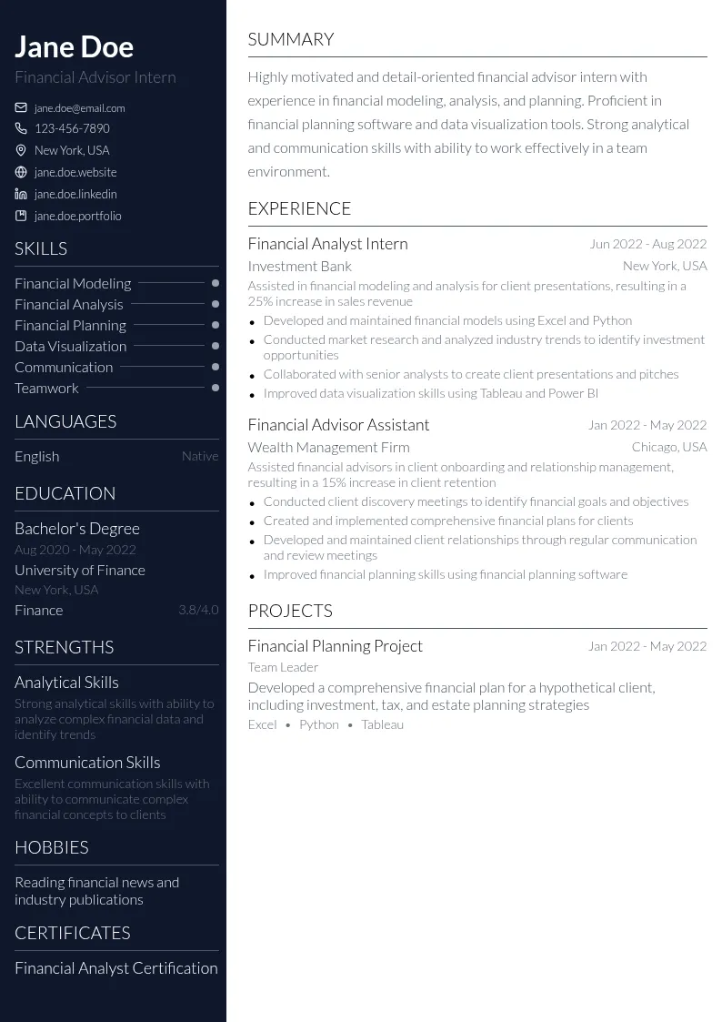 Financial Advisor Intern resume example