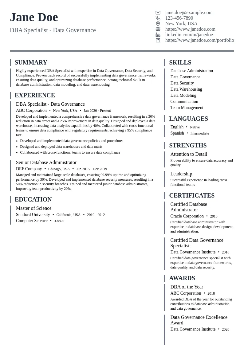 DBA Specialist - Data Governance resume example