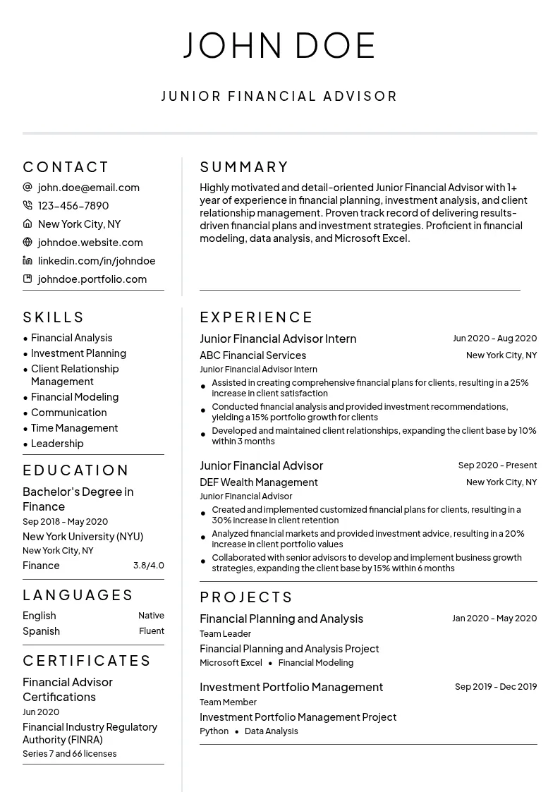 Junior Financial Advisor resume example