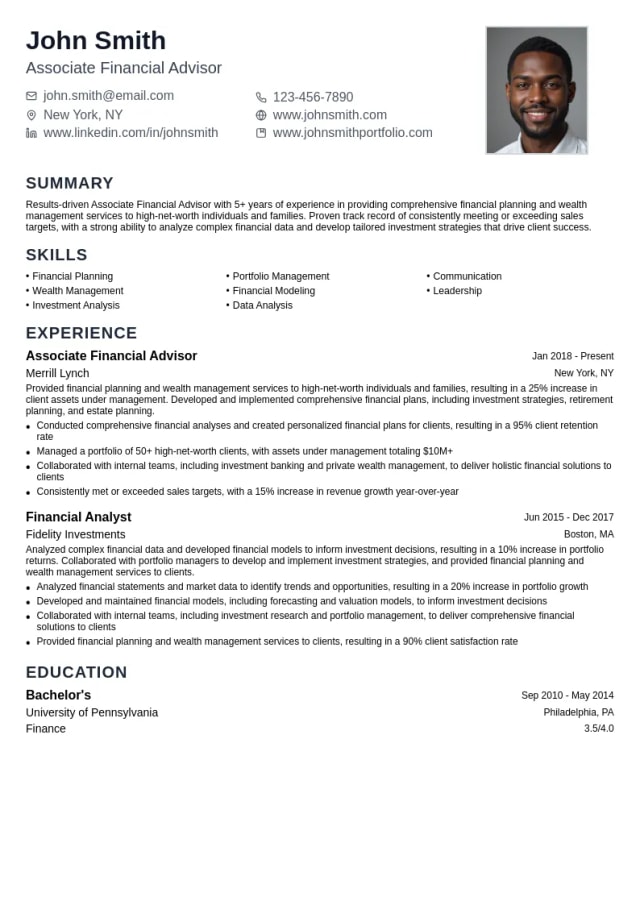 Associate Financial Advisor resume example