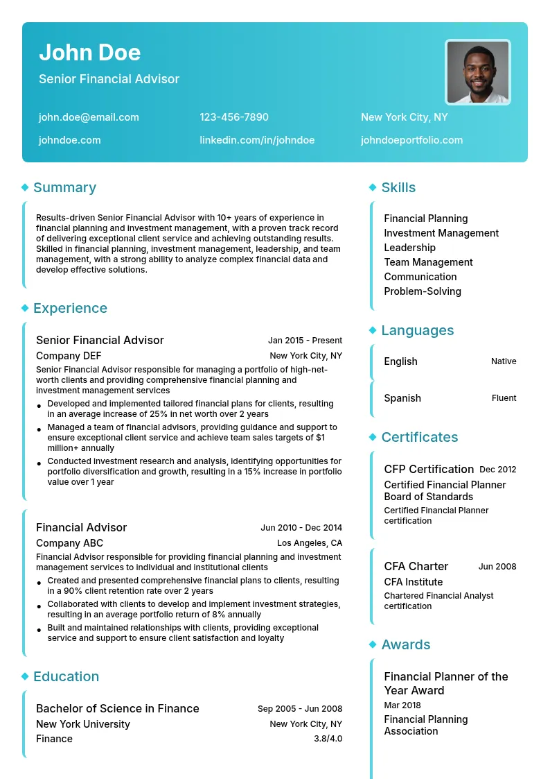 Senior Financial Advisor resume example