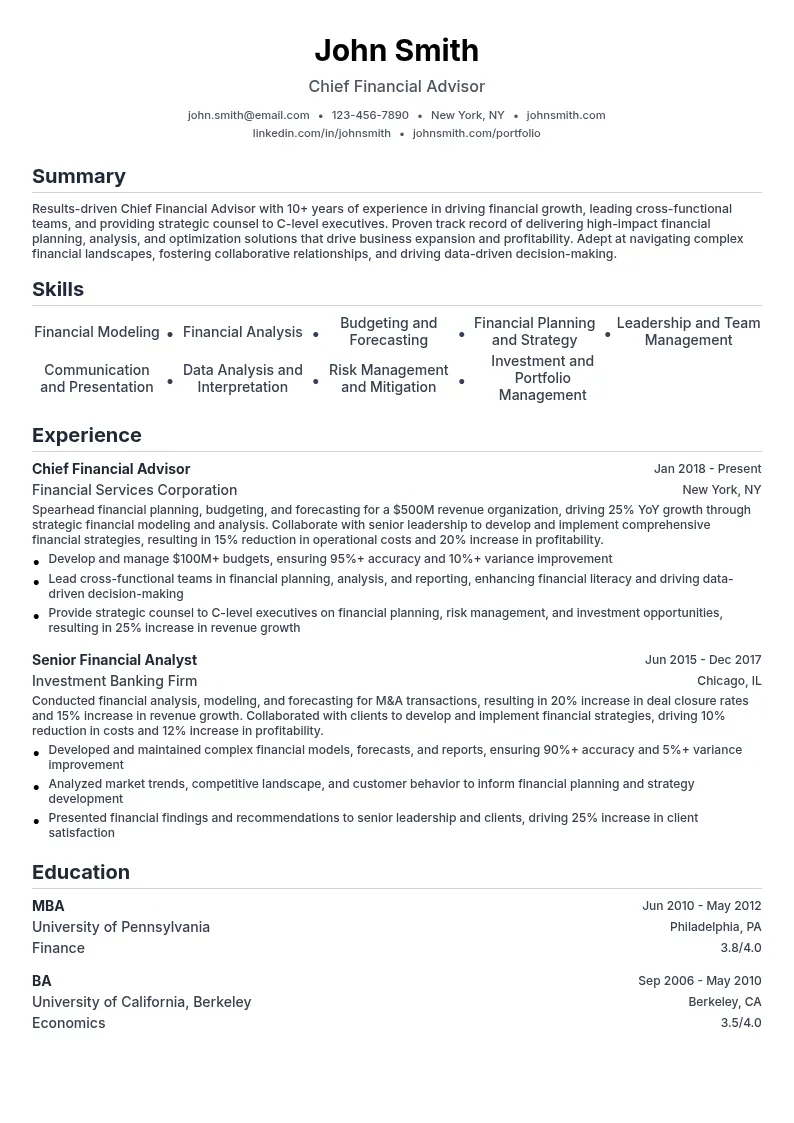 Chief Financial Advisor resume example