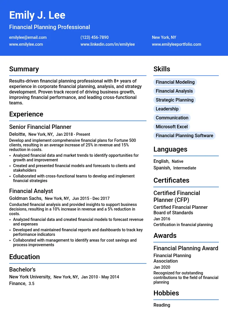 Corporate Financial Planning resume example