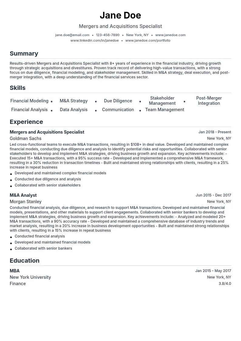 Mergers and Acquisitions Specialist resume example
