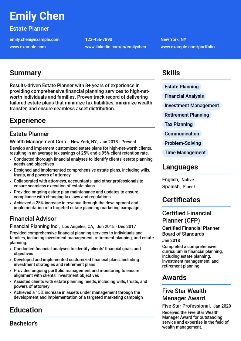 Estate Planner resume example