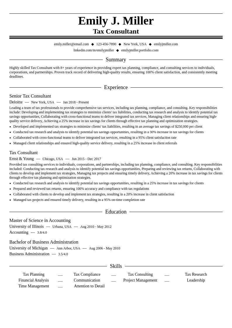 Tax Consultant resume example