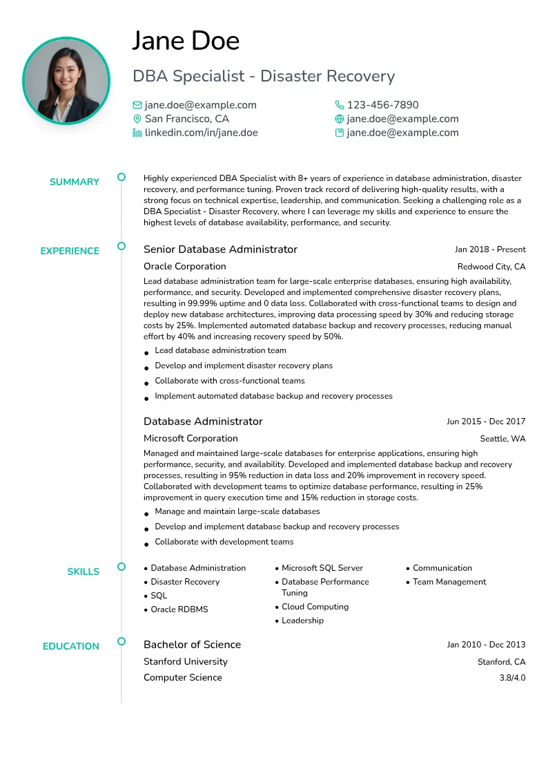 DBA Specialist - Disaster Recovery resume example