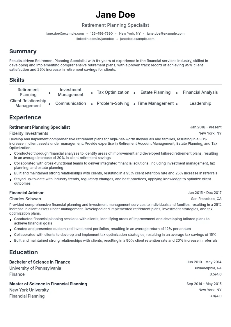 Retirement Planning Specialist resume example